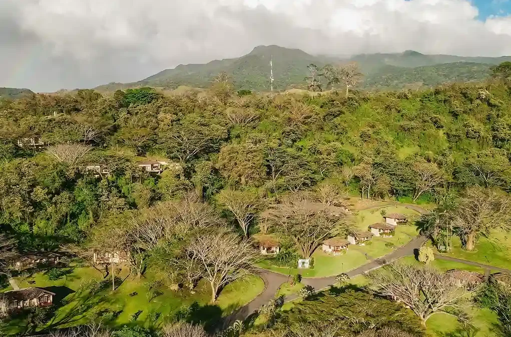 Aerial view of Borinquen Mountain Resort & Spa surrounded by forest in Guanacaste, Costa Rica