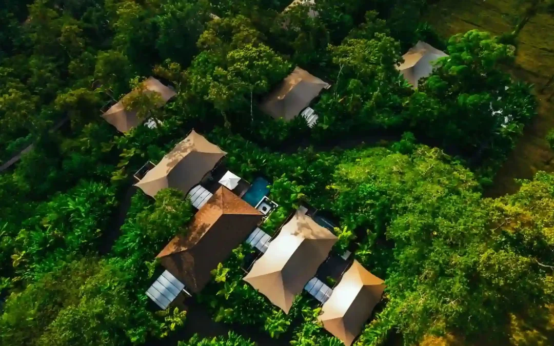 aerial view of luxury glamping tents in the jungle of arenal costa rica