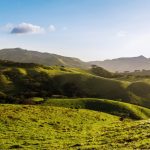 Panoramic view of green rolling hills in the highlands of Costa Rica under a blue sky.